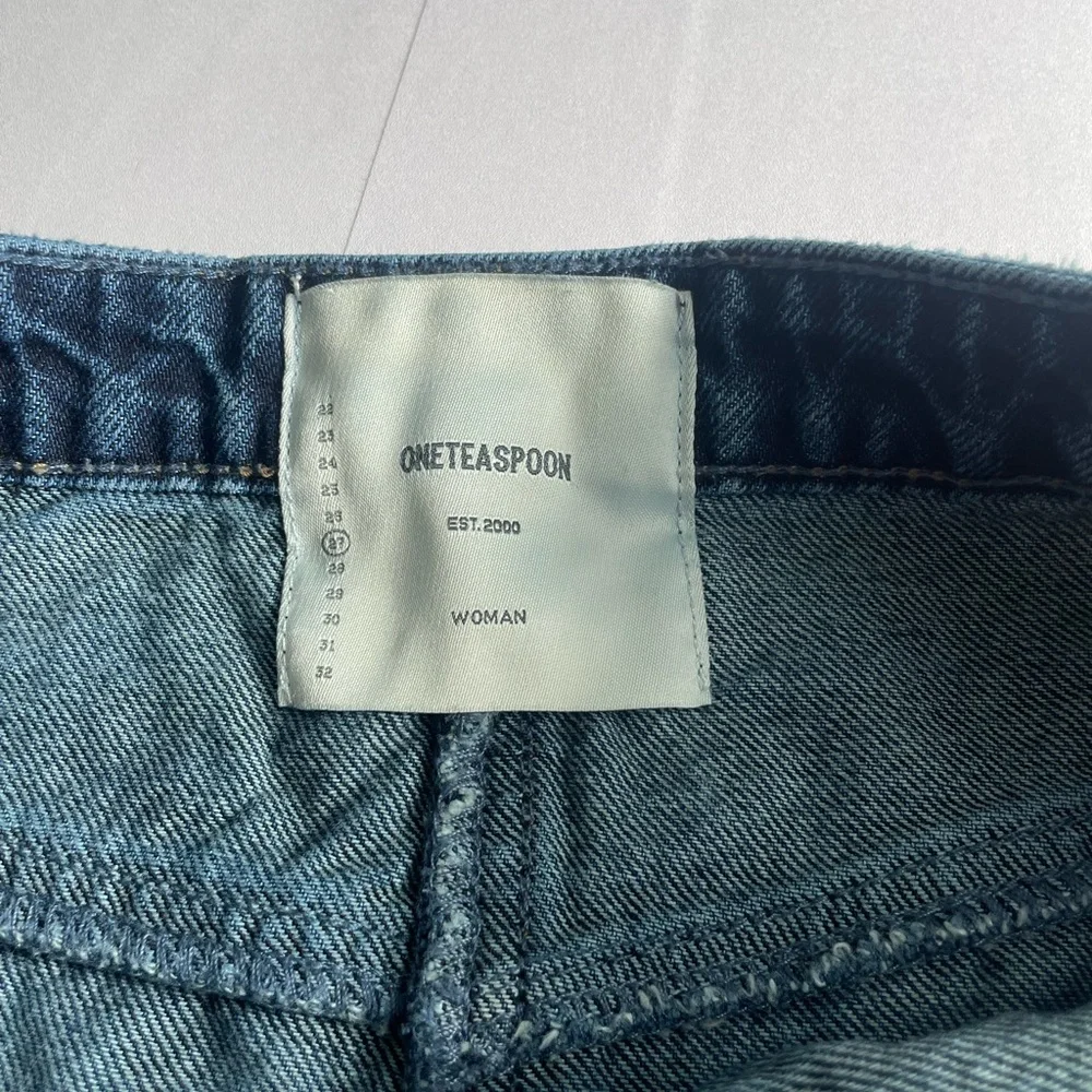 OneTeaspoon Darkwash Trucker Mini Skirt Studded Distressed Raw Hem Denim Sz 27